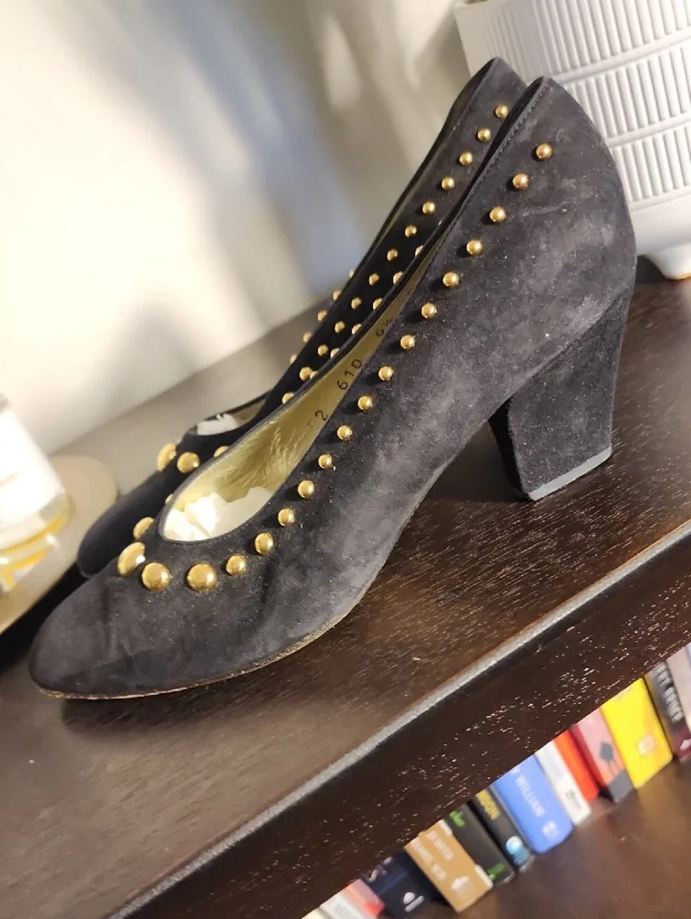 Escada Black Suede Pumps with Gold Stud Detailing
